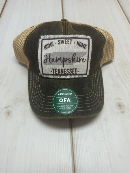 Home Sweet Home Hampshire with Tn state outline frayed patch on a charcoal legacy hat