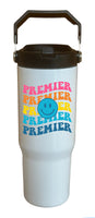 Multi colored Premier with Smiley face design 30 oz. White Flip Top Tumbler with handle
