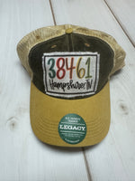 38461 Hampshire colorful letters frayed patch on a denim and yellow legacy hat