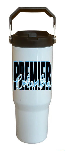 Premier wording with Columbia lettering inside the word design 30 oz. White Flip Top Tumbler with handle