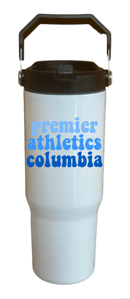 Multi blue colored Premier Athletics Columbia design 30 oz. White Flip Top Tumbler with handle