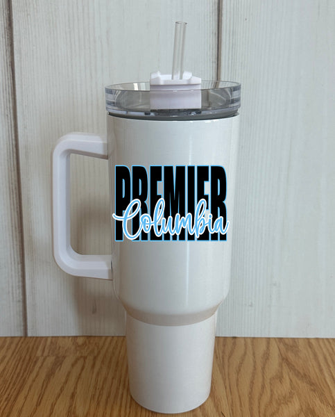 Premier with Columbia inside the wording design 40 oz. White Tumbler with handle
