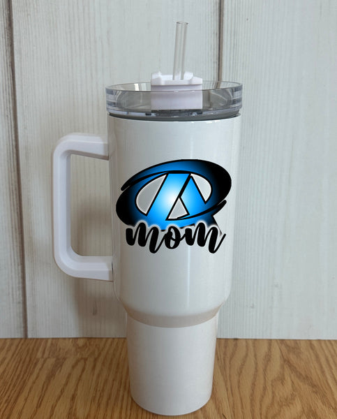 Chrome Blue colored PA logo with Mom design 40 oz. White Tumbler with handle
