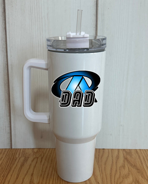 Chrome Blue colored PA logo with Dad design 40 oz. White Tumbler with handle