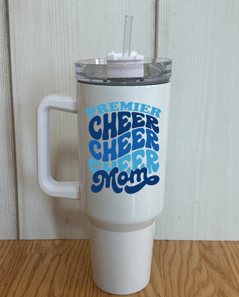 Blue colored lettered Cheer mom with the Premier word on top design 40 oz. White Tumbler with handle