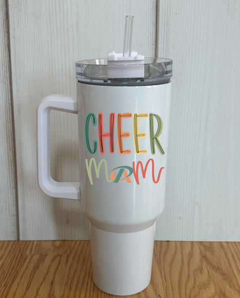 Multi colored lettered Cheer mom with the PA logo design 40 oz. White Tumbler with handle m