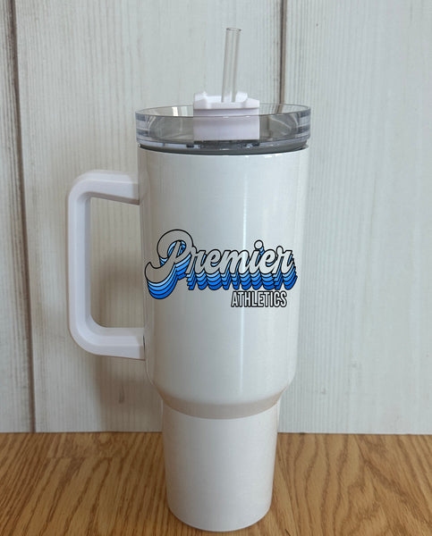 Premier Athletic blue and white multi Premier word design 40 oz. White Tumbler with handle