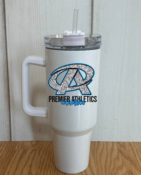 Premier Athletics Columbia  Glitter look Logo 40 oz. White Tumbler with handle