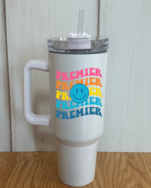 Premier Smiley face with fun colorful letters design 40 oz. White Tumbler with handle