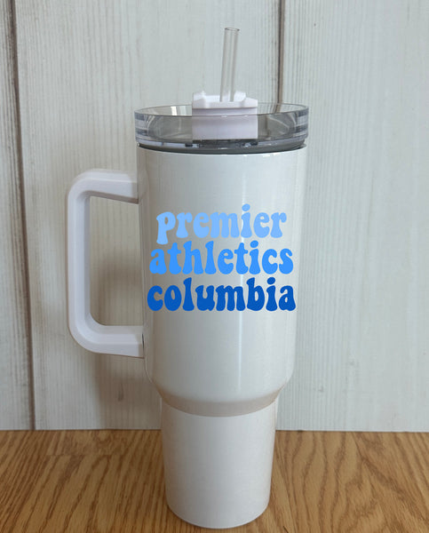 Premier Athletics Columbia fun letter blue design 40 oz. White Tumbler with handle