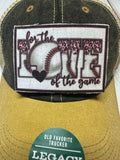 For the love of the game baseball  patch on a yellow, denim and beige  legacy hat