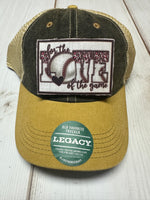 For the love of the game baseball  patch on a yellow, denim and beige  legacy hat