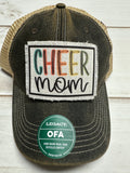 Cheer Mom multi colored letters frayed patch on a charcoal legacy hat