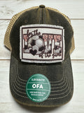 For the love of the game soccer frayed patch on a charcoal legacy hat