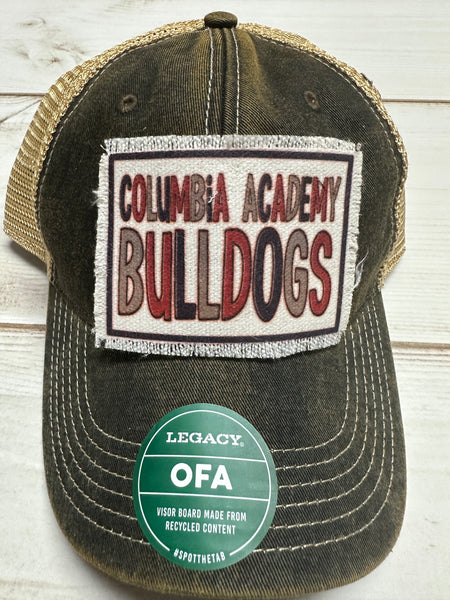 Columbia Academy multi colored letters design on a frayed patch on a charcoal legacy hat
