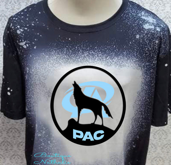 Wolf PAC howling at the moon round logo on a black bleached  designed T-shirt