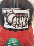 For the love of the game baseball  patch on a red, denim and beige legacy hat