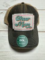 Cheer Mom retro design frayed patch on a charcoal legacy hat