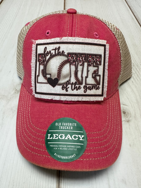 For the love of the game baseball  patch on a pink and beige  legacy hat