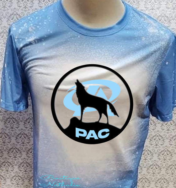 Wolf PAC howling at the moon round  design with Premier Athletics logo  Carolina Blue  bleached  designed T-shirt