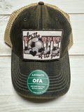 For the love of the game soccer patch on a charcoal legacy hat