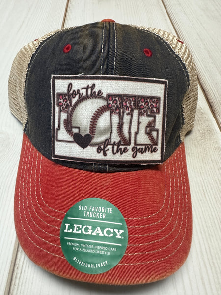 For the love of the game baseball  patch on a red, denim and beige legacy hat