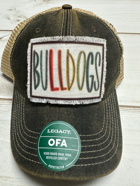 Bulldogs multi colored frayed patch on a charcoal legacy hat