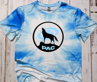 Wolf PAC howling at the moon design on a blue tie dye  bleached  designed T-shirt