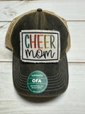 Cheer Mom multi colored letters frayed patch on a charcoal legacy hat