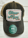 Cheer Mom retro design frayed patch on a charcoal legacy hat