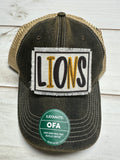 Lions multi colored frayed patch on a charcoal legacy hat