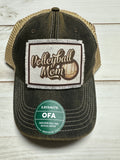 Volleyball Mom frayed patch on a charcoal legacy hat