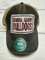 Columbia Academy multi colored letters design on a frayed patch on a charcoal legacy hat