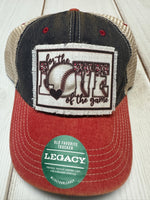 For the love of the game baseball  patch on a red, denim and beige legacy hat