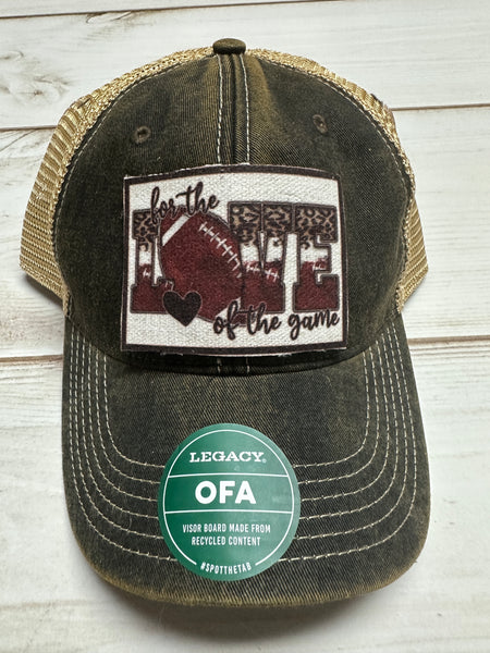 For the love of the game football patch on a charcoal legacy hat