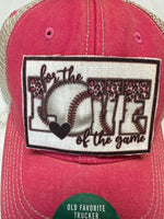 For the love of the game baseball  patch on a pink and beige  legacy hat
