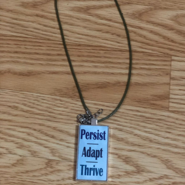 Persist-Adapt-Thrive Large rectangular metal bezel pendant necklace