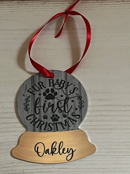 Fur Baby's first Christmas Personalized with your Fur baby's name globe look metal ornament