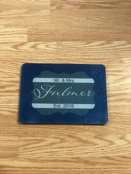 Medium sized rectangle Navy and Gray colored personalized with a last name and an established date background cutting board