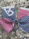 This is a unique patterened Columbia Academy blue and red design and silver glitter 3 inch Cheer bow