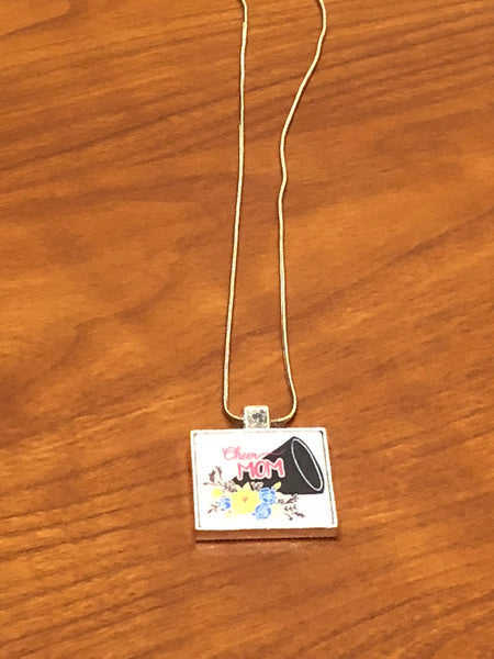 Cheer Mom flower megaphone designed silver squared necklace