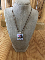 Cheer Mom flower megaphone designed silver squared necklace pendant with a brown cord chain