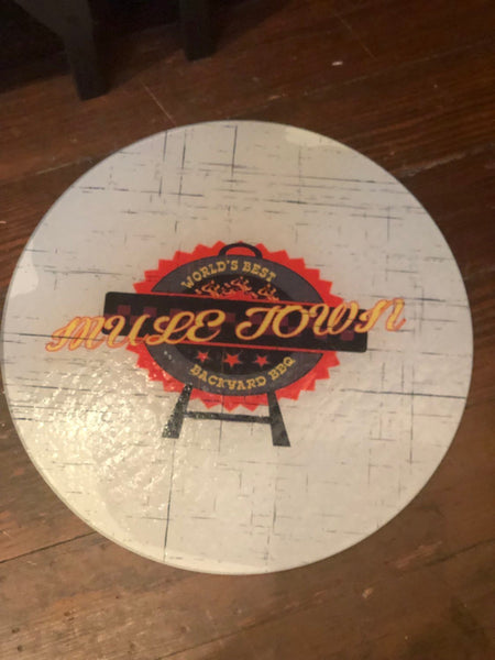 Mule Town Barbecue designed wood grain background Large Round cutting board.