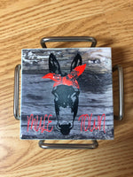 Mule Town 1 tile coaster with a mule that has a red bandana and the wording of mule town in black letters and a gray background