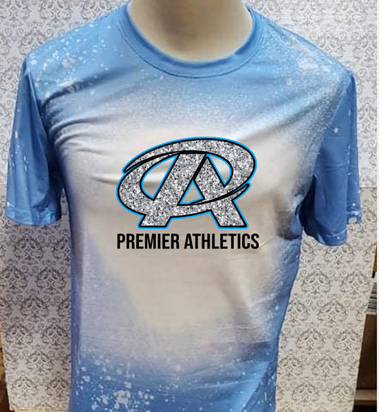 Athletics Glitter look alike logo with Premier Athletics wording Carolina Blue bleached  designed T-shirt