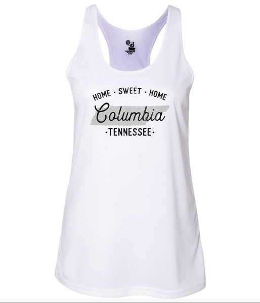 Sweet Home Columbia TN state outline design race back tank top