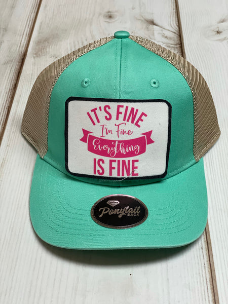 It’s fine- I’m fine -Everything is fine designed patch / beige and teal ponytail   hat