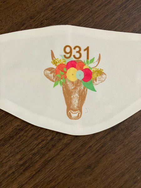 Brown cattle with flower crown and zip code design Face Cover