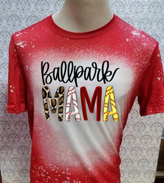 Ballpark Mama with baseball type letters red bleached  designed T-shirt