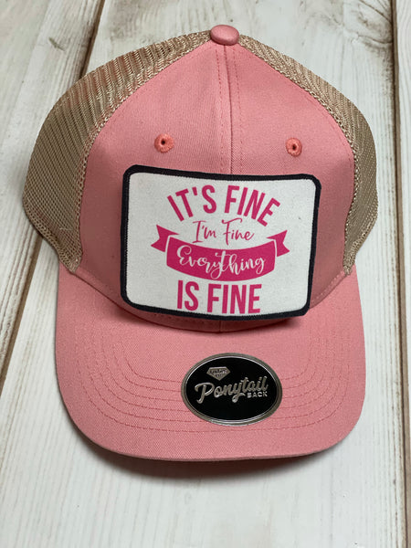 It’s fine- I’m fine -Everything is fine designed patch / beige and coral ponytail   hat
